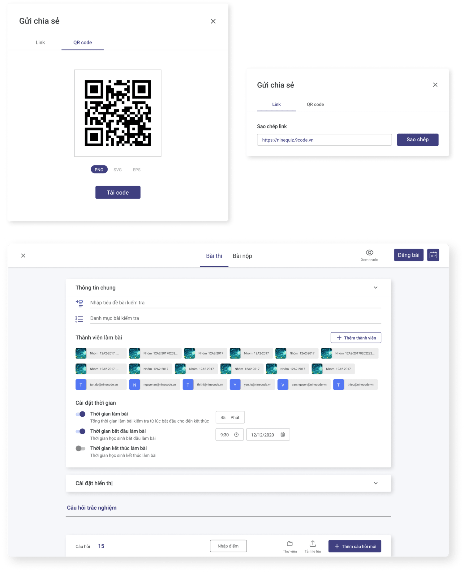 Chia sẻ bài thi và quản lý lớp học online - NineQuiz giúp giáo viên phân quyền và theo dõi học sinh