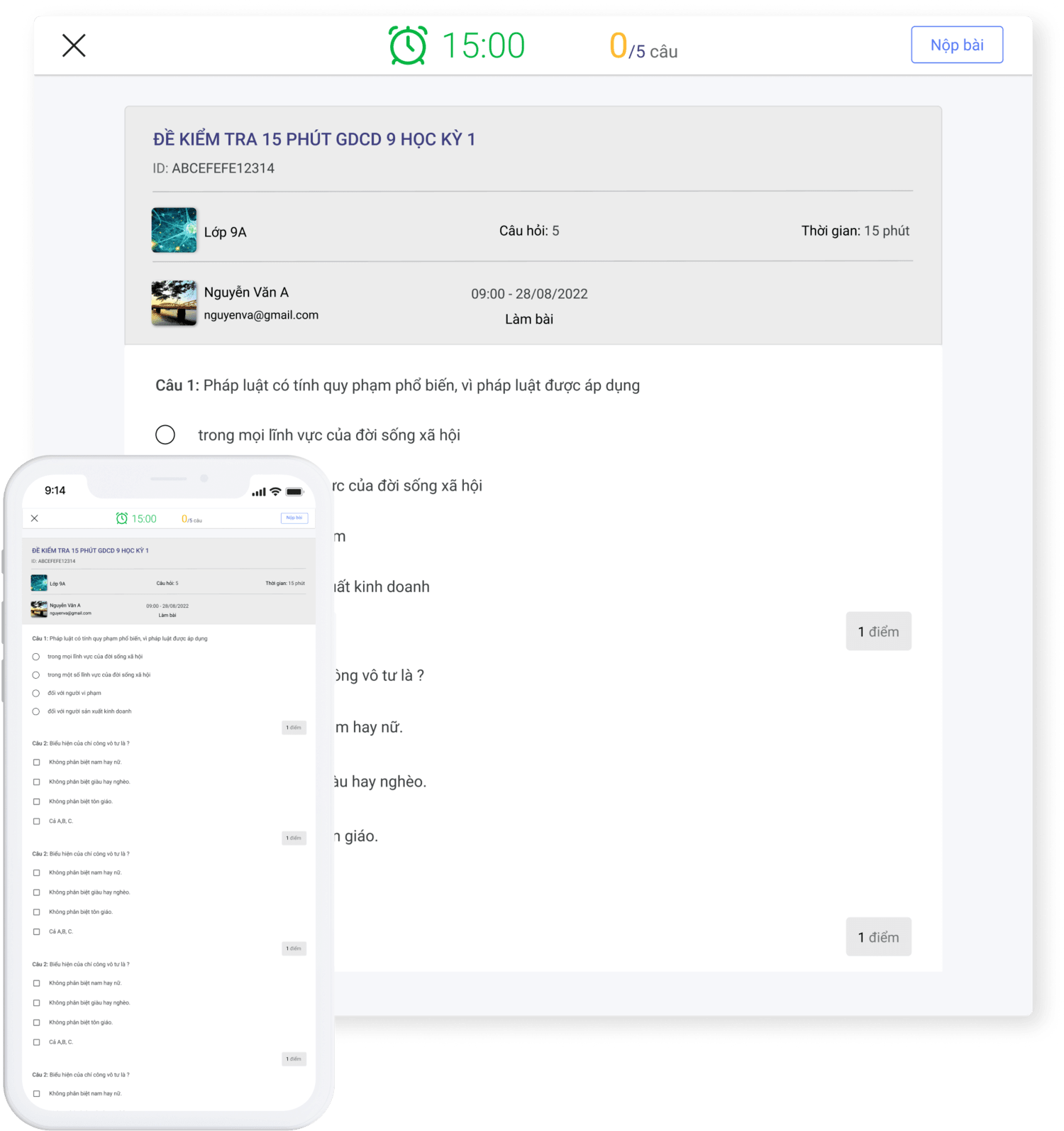 Học sinh làm bài thi trắc nghiệm online không cần cài app - Giao diện thân thiện và dễ sử dụng