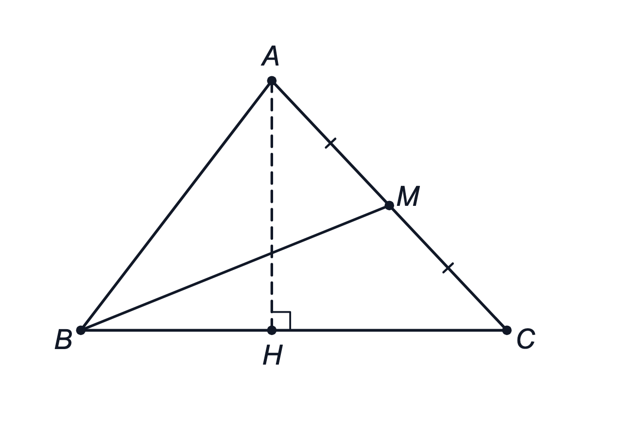 Median BM and altitude AH in the same triangle, with midpoint M and foot H computed automatically