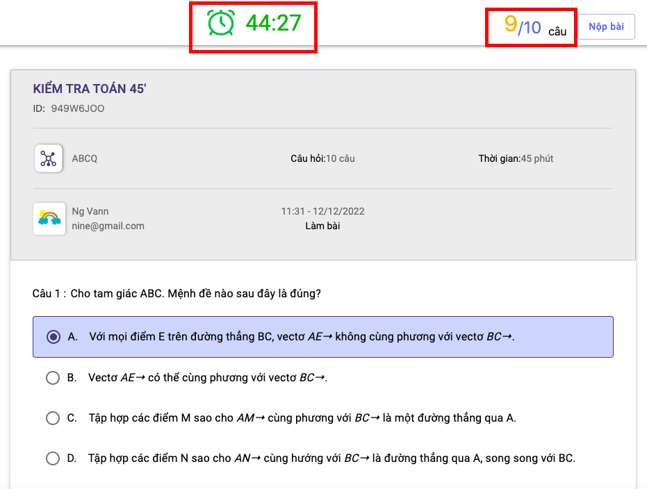 Làm bài trắc nghiệm Toán trên Ninequiz