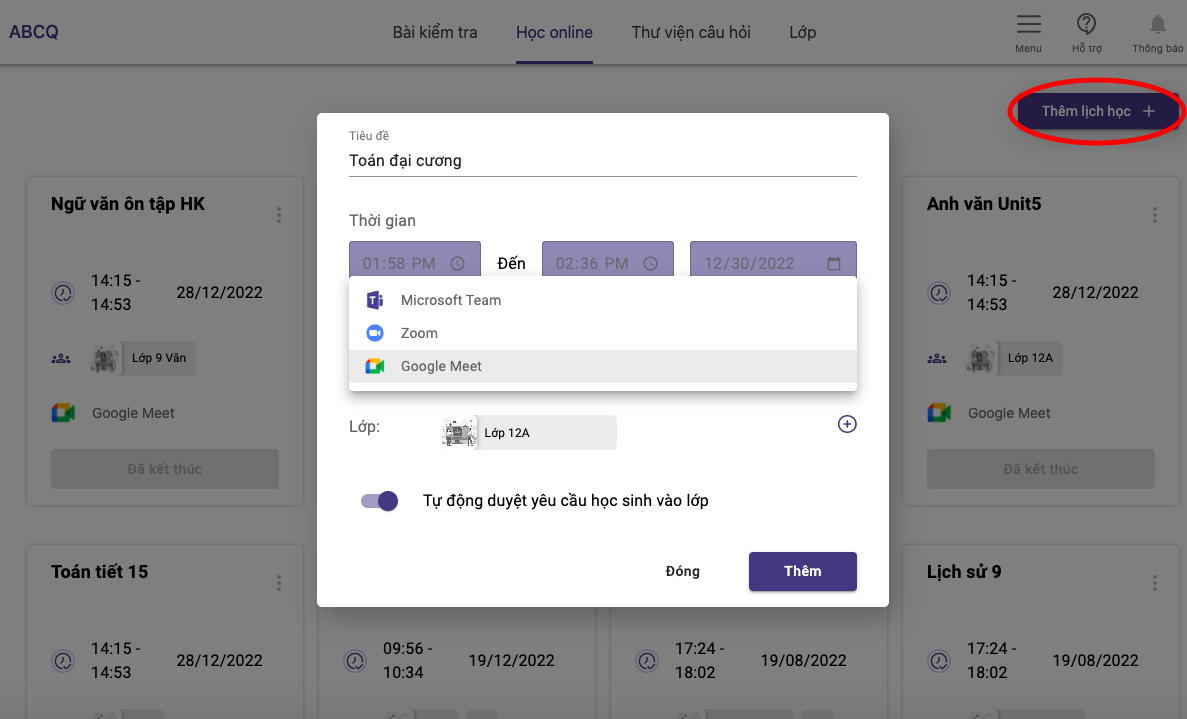 Hướng dẫn tạo lịch học online trên Ninequiz