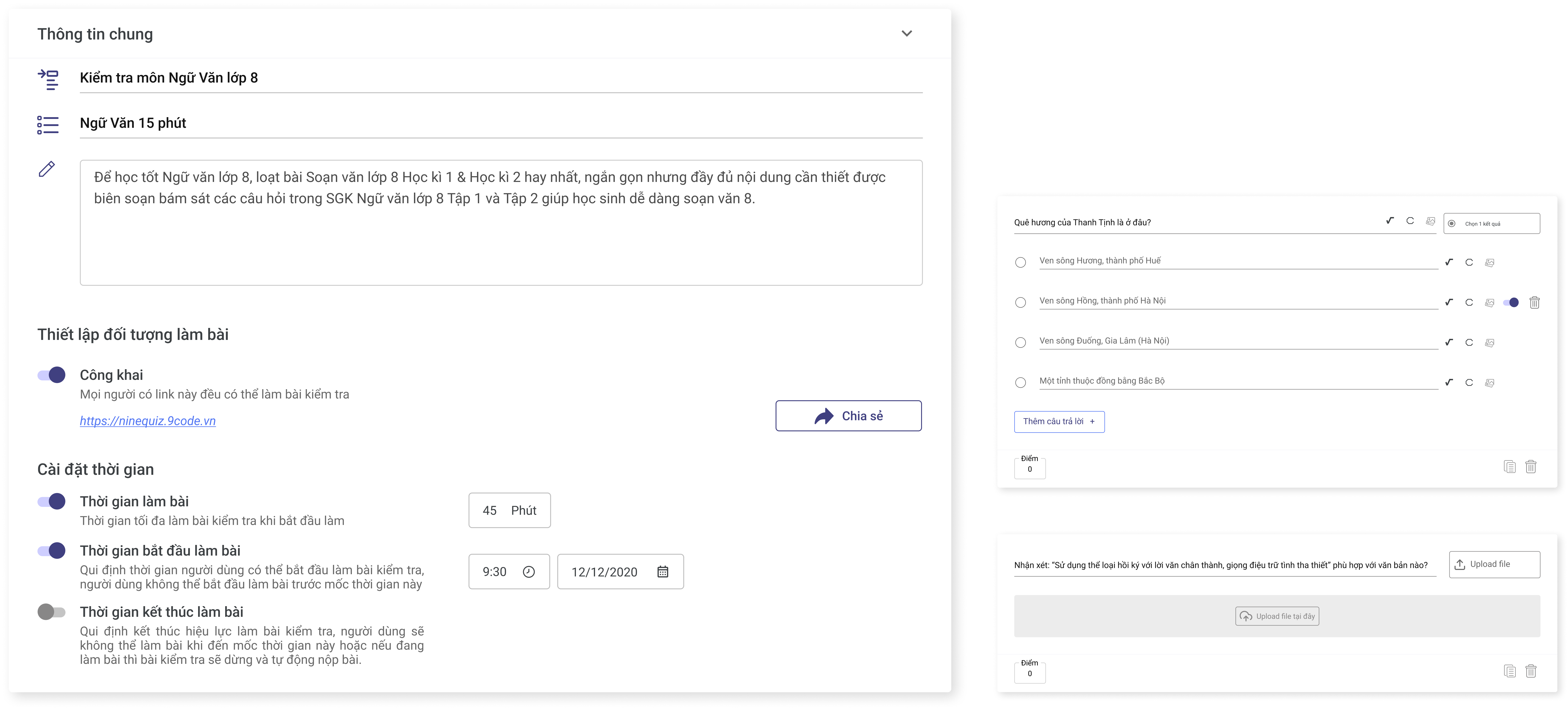 Hướng dẫn tạo bài kiểm tra online môn Ngữ văn
